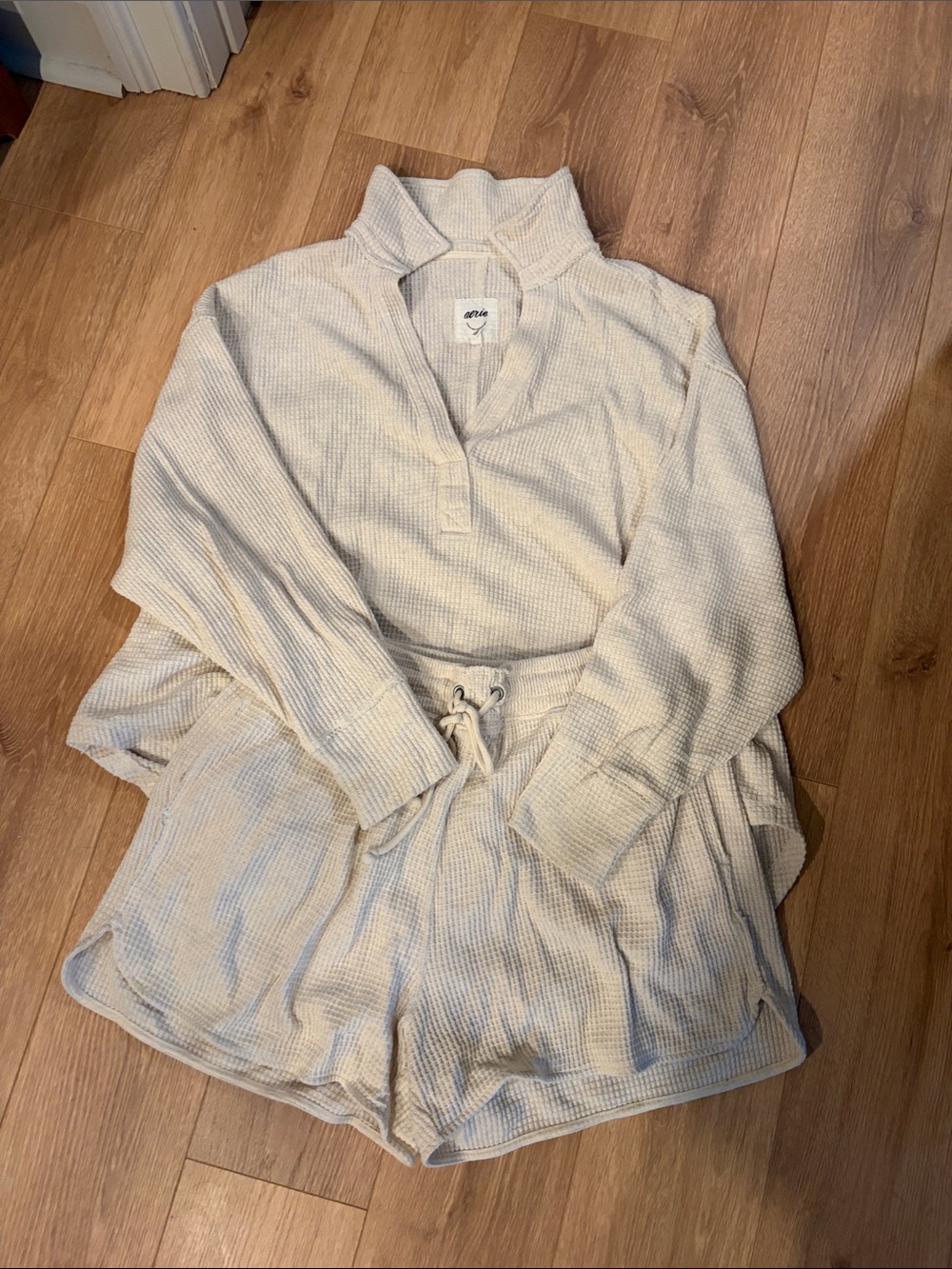 Aerie Waffle-Knit Cream Lounge Top & Shorts Set